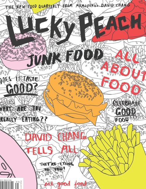 Dedicating his life to good food, American restauranteur, author and all round babe David Chang released the first issue of quarterly Lucky Peach in 2011. Adventurous yet cosy, amazing illustration and experimental graphics guide you through global culture and cuisine. Lucky Peach Magazine, Food Zine, Recipe Illustration, Lucky Peach, Food Web Design, David Chang, Zine Design, Food Menu Design, Food Poster Design