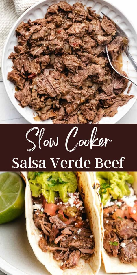 Crockpot Shredded Beef Tacos, Salsa Verde Beef, Crockpot Shredded Beef, Beef Freezer Meals, Postpartum Meals, Crockpot Meat, Slow Cooker Salsa, Shredded Beef Tacos, Healthier Sweets