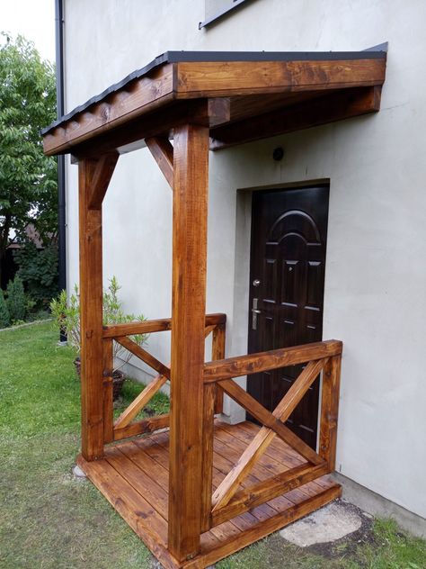 Front Door Roof Ideas Entrance, Door Awnings Exterior Diy Wood, Small Portico Entry, Wooden Canopy Front Door, Door Overhang Ideas, Door Canopy Wood, Wooden Porch Canopy, Wooden Door Canopy Front Porches, Front Porch Pergola