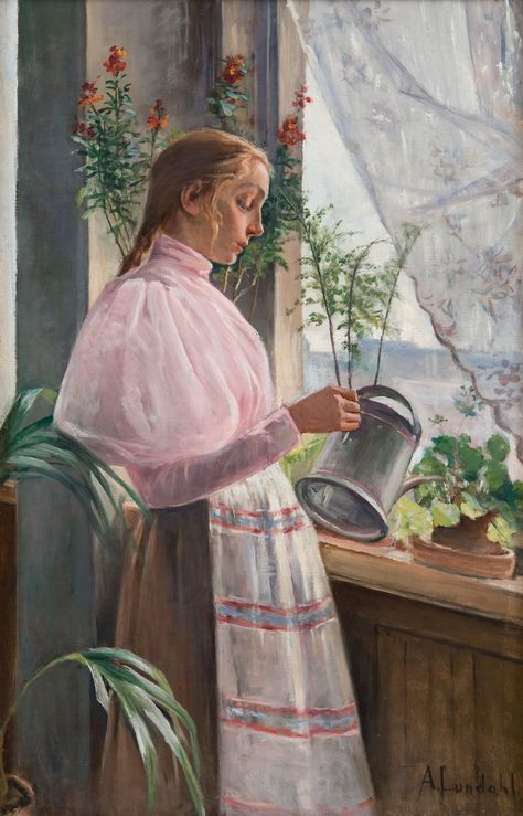 Forside / Twitter Scandinavian Paintings, Garden Clothes, Nordic Beauty, Watering Flowers, Finnish Art, Female Painters, Ancient Greek Sculpture, Watering Plants, Picking Flowers