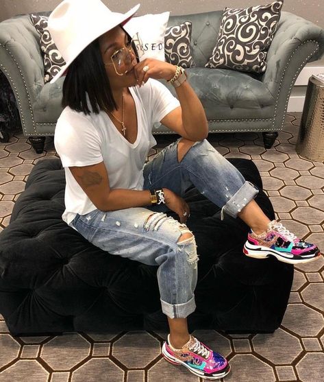 Night Out Outfit Sneakers Style, Hood Classy Outfits, Mini Skirt And Sneakers Outfit Black Women, Fedora Hat And Sneakers Outfit, Denim And Sneakers Outfit, Night Out Outfit With Sneakers, Casual Fall Outfits With Sneakers, Rasheeda Frost Fashion Outfits, Rasheeda Frost Fashion