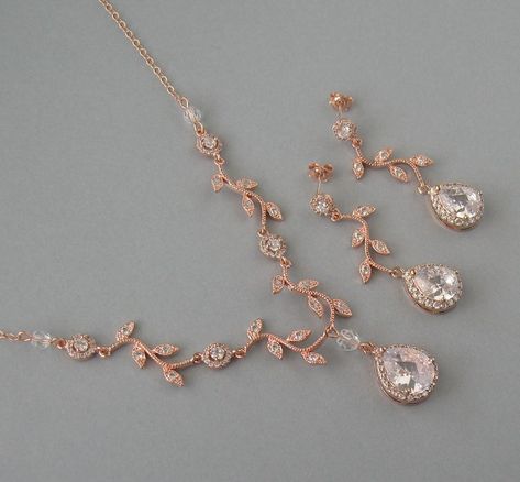 Bridal jewelry set with leaves bridesmaids gift. Rose gold | Etsy Bridal Jewelry Rose Gold, Rose Gold Necklace And Earrings Set, Rose Gold Prom Jewelry, Rose Gold Bridesmaid Jewelry Set, Pink Quince Necklace, Rose Gold Quince Jewelry, Wedding Jewelry Rose Gold, Rose Gold Wedding Jewelry Bride, Quinceanera Jewelry Set Gold