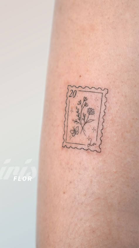 Vintage Minimalist Tattoo, Small Stamp Tattoo Ideas, Small Simplistic Tattoos For Women, Minimalist Back Of Arm Tattoo, Wildflower Stamp Tattoo, Clairo Bags Tattoo, Stamp Tattoo Ideas Design, Marigold Tattoo Men, Arizona Flower Tattoo