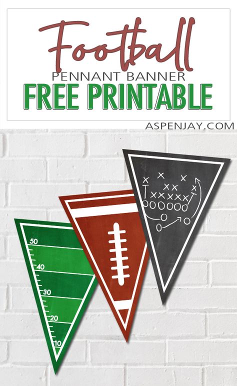 Free football pennant banner printable! Whether you are watching the game from home or celebrating your kid's big football game win, this football banner will be the perfect finishing touch to your event! #footballparty #tailgateparty #footballdecor #footballprintable #footballbanner Diy Football Bedroom Decor, Free Printable Football Banner, Cricut Football Decorations, Game Day Decorations Football, Gold Out Football Game Posters, Football Birthday Printables Free, Diy Football Banner, Penalty Flags Printable Free, Sports Themed Birthday Party Ideas Decoration Free Printable