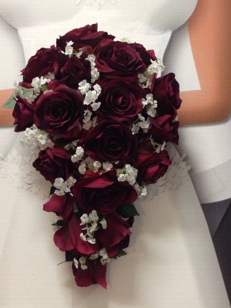 Teardrop Bouquet, Burgundy Bouquet, Cascading Wedding Bouquets, Bride's Bouquet, Unique Wedding Flowers, Rose Wedding Bouquet, White Wedding Flowers, Wedding Arrangements, Burgundy Wedding