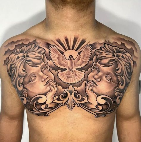 Cherub Chest Tattoo, Jesus Chest Tattoo Men, Tattoo Ideas Men, Clock And Rose Tattoo, Mens Body Tattoos, Traditional Tattoo Drawings, Cherub Art, Chest Tattoo Ideas, Nouveau Tattoo