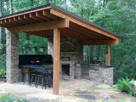 Country Outdoor Kitchen, Kitchen Ideas Cheap, Storage Shed Design, Backyard Storage Sheds, Backyard Storage, Outdoor Kitchen Ideas, Outdoor Pavilion, Backyard Fireplace, Stone Bar