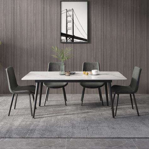 George Oliver Catello Stone Iron Dining Table & Reviews | Wayfair Grey Dining Table Decor, White Kitchen Tables, Dark Dining Room, Pandora Gold, Black Dining Room, White Dining Room, Stone Dining Table, Rectangle Dining Table, Grey Table