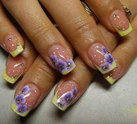 Yellow with purple flowers Purple Yellow Nails, Yellow French With Flowers, Yellow And Purple Nails Ideas, Light Purple And Yellow Nails, Purple And Yellow Nails Designs, Purple And Yellow Nails, French Tip With Purple Flower, Purple Nails With Yellow Flower, New Nail Colors