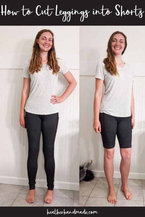 Learn how to cut leggings into shorts. If your leggings have holes in the knees this is a great way to still use them as shorts! Turn leggings into shorts! It’s a great way to keep using them before throwing them away! Biker shorts are all the rage at the moment, so I decided to cut my leggings into shorts. (It’s my favorite length to wear when I go running.) I show how to make biker length shorts, but this technique will work for any length of shorts! Fix A Zipper On Jeans, Altering Pants, Alter Clothes, Altering Jeans, Fix A Zipper, Clothing Alterations, Cut Leggings, Hem Leggings, Diy Shorts