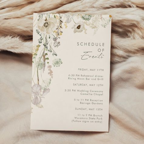 $1.96 | Whimsical Wildflower | Ivory Schedule of Events - elegant sage gold greenery ss018, whimsical bohemiam minimal fall floral, pretty minimalist yellow wild flower, rustic wedding itinerary, modern wedding timeline, simple wedding order of events, watercolor wedding day schedule, boho wedding day timeline, wildflower order of the day, green destination wedding Wedding Order Of Events, Schedule Of Events, Wedding Day Schedule, Wedding Announcement Cards, Watercolor Wildflowers, Honeymoon Fund, Wedding Itinerary, Minimalist Watercolor, Wedding Enclosure Cards