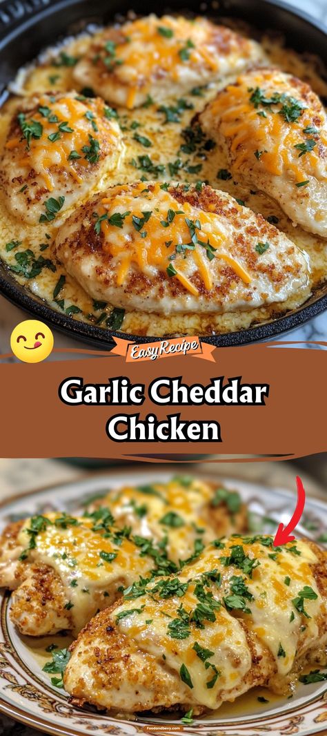 Dive into the rich flavors of Garlic Cheddar Chicken, where tender chicken breasts are smothered in a creamy garlic and cheddar cheese sauce. This dish combines the sharp taste of cheddar with the aromatic warmth of garlic, creating a comforting meal that's perfect for a family dinner or a cozy night in. Garlic Cheddar Chicken, Chicken And Cheese Recipes, Breadcrumb Topping, Garlic Cheddar, Cheddar Cheese Sauce, Chicken Breast Recipes Baked, Cheddar Chicken, Easy Chicken Breast, Chicken Breast Recipes Easy