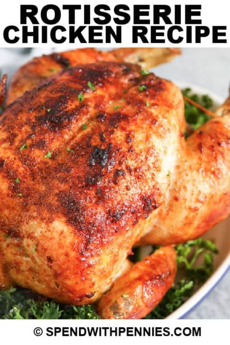 This easy rotisserie chicken recipe is made with a homemade seasoning blend. Made in a rotisserie or in the oven, this crispy, juicy chicken is delicious fresh and perfect as leftovers too! #spendwithpennies #rotisseriechicken #homemaderotisseriechicken #easychickenrecipe #easychickenseasoning #ovenrotisseriechicken Rotisserie Chicken In The Oven, Easy Chicken Seasoning, Best Rotisserie Chicken Recipe, Chicken Seasoning Recipes, Rotisserie Chicken Recipe, Chicken In The Oven, Chicken Divan, Unstuffed Cabbage, Cabbage Roll