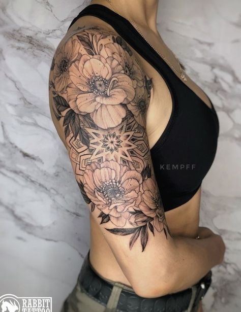 Flower and geometric tattoo #tattooideas #tattoosforwomen Flower And Geometric Tattoo Sleeve, Floral Cover Up Tattoo Before And After, Geometric And Floral Tattoo, Geometric Floral Tattoo Sleeve, Flower And Geometric Tattoo, Geometric Flower Tattoo Sleeve, Womens Floral Sleeve Tattoo, Geometric Sleeve Tattoo Women, Geometric Tattoo Women