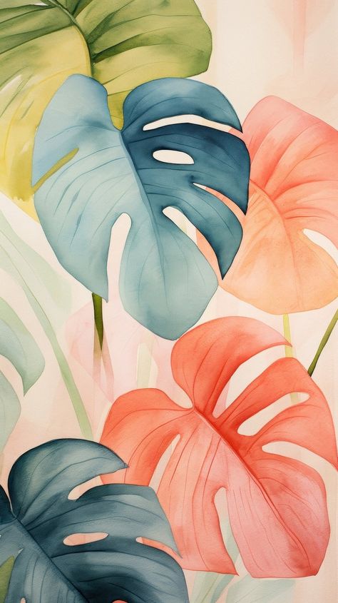 Summer monstera abstract plant leaf. | Free Photo Illustration - rawpixel Watercolor Monstera Leaf, Tropical Flower Art, Monstera Plant Wallpaper, Anthurium Drawing, Monstera Background, Monstera Leaf Painting, Monstera Illustration, Monstera Wallpaper, Monstera Watercolor