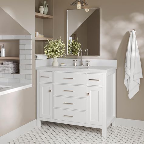 PRICES MAY VARY. Material- 43" inch bathroom vanity . Solid wood frame built to last with premium high grade engineered wood panels that provide a very clean and smooth surface. No voids or splinters. White painted finish. Polished chrome hardware. Center sink configuration. Bristol Series Features- 2 soft-closing doors with adjustable hinges so you'll never have to worry about hearing a door slam again. Just push the door gently and watch it close with automatic ease. 5 soft-closing Dovetail co Ariel Bathroom, Birch Cabinets, Cabinet Color, Vanity Room, Bathroom Vanity Base, Contemporary Bathroom Vanity, White Quartz Countertop, White Marble Countertops, Marble Vanity Tops