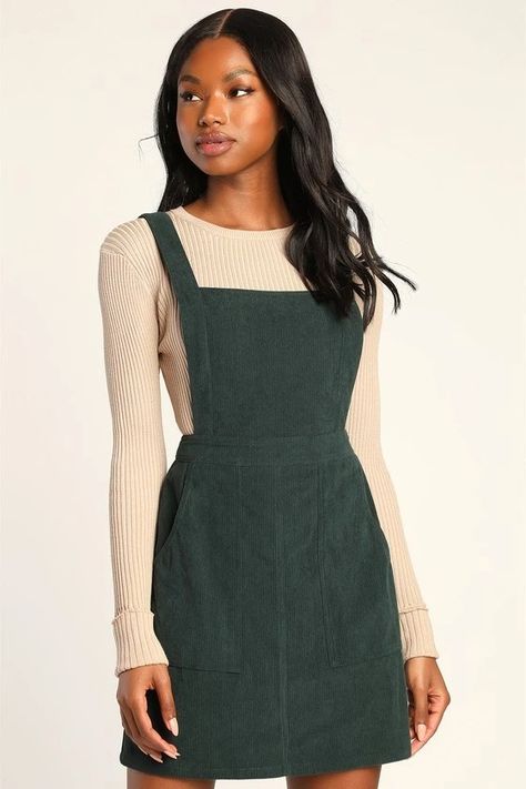 52 Cozy Corduroy Pieces for Your Winter Wardrobe 2023 - Brit + Co Emerald Green Outfit, Corduroy Pinafore, Corduroy Pinafore Dress, Lulu Fashion, Green Corduroy, Corduroy Dress, Mock Neck Top, Green Outfit, Pinafore Dress