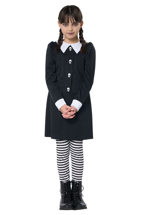 Dress, Pants Dreadful Girl Wednesday Addams Inspired Child Costume Product Description: Dress Pants Manufacturer's Size Chart: Returns: To receive return instructions, please open a return request through eBay. Most returns are processed within 1-2 weeks from the day we get it back. All shipping charges (original and return shipping) are the buyer’s responsibility. Returns may take a little longer to process during Halloween season. Item is not eligible for return if: It is past 30 days since yo Kids Wednesday Addams Costume, White Witch Costume, Black And White Striped Trousers, Wednesday Addams Inspired, Kids Witch Costume, Black And White Striped Pants, Wednesday Addams Costume, Chunky Black Boots, California Costumes