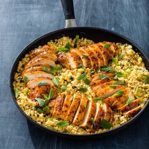 Glazed Chicken Breasts with Currant-Pistachio Couscous | Cook's Country Chicken Couscous Recipes, Pistachio Couscous, Couscous Chicken, Glazed Chicken Breast, Rice Meals, Chicken Couscous, Cooks Country Recipes, Rice Fried, Sweet Glaze