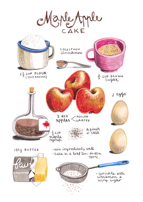 Artist Creates Exquisitely Illustrated Recipes from Around the World |Foodbeast Cake Art Print, Maple Cake, Illustrated Recipes, Apple Maple, Recipe Drawing, Cake Printing, Illustration Food, Food Journal, Apple Cake