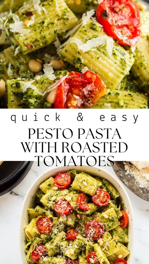 This delicious Pesto Pasta with Roasted Tomatoes features vibrant basil pesto and juicy roasted cherry tomatoes for a delightful combination of flavors – a quick and flavorful dinner option ready in under 20 minutes. Transform your weeknight meals with this easy pasta dinner! Pasta With Roasted Tomatoes, Roasted Tomato Recipes, Basil Pasta Salad, Easy Pesto Pasta, Basil Pesto Pasta, Roasted Tomato Pasta, Tomato Pasta Recipe, Flavorful Dinner, Pesto Pasta Recipes