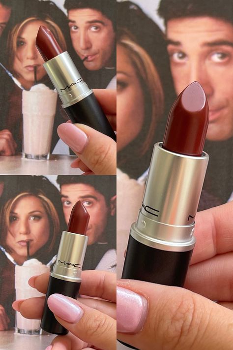 90s makeup Lipstick Brick Red, Drugstore Brown Lipstick, 90s Revlon Lipstick, Mac Makeup Aesthetic, Baddie Makeup Products, Deep Autumn Lipstick, Rachel Green Makeup, 90s Brown Lipstick, Autumn Lipstick Colors