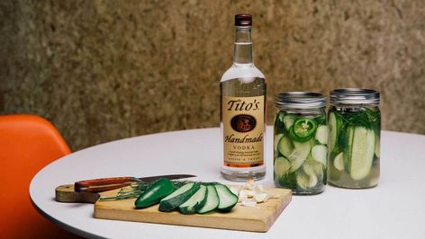 Pickle & Jalapeño Infusion Recipe | Tito's Handmade Vodka Vodka Pickles, Pickle Infused Vodka, Pickle Martini, Diy Pickles, Infused Alcohol, Make Pickles, Meals For 1, How To Make Pickles, Pickled Jalapeño