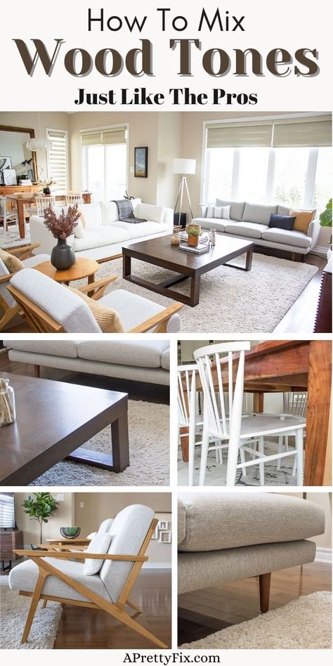 An approachable take on how to mix wood tones in your home just like the pros do in this simple guide. Lots of tips and tricks to help take the mystery out of mixing old and new furniture and created for real life! #mixingwoodtones #woodtones #diy #decoratingtips #interiors #howto Wood Furniture For Living Room, Espresso Wood Living Room Decor, Mixing Wood Tone Furniture, Mix Woods In Living Room, Mixing Different Wood Furniture, How To Mix And Match Wood Tones, Mixing Wood Furniture Living Room, Mixing Gray And Brown Furniture, Mismatch Wood Furniture Bedroom