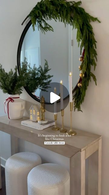 Christmas Small Entryway Decor, Christmas Console Table Decor Ideas, Entry Way Table Decor Christmas, Christmas Hallway Table, Christmas Decor Ideas Entry Table, Christmas Decor For Console Table, Christmas Decor For Entry Table, Hall Table Christmas Decor, Round Mirror Christmas Decor