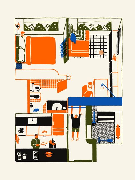 Floor Plan Illustration, Apartment Singapore, Vibrant Apartment, Plan Illustration, Micro Apartments, Blue Shelves, House With Balcony, Dark Bathrooms, Micro Apartment