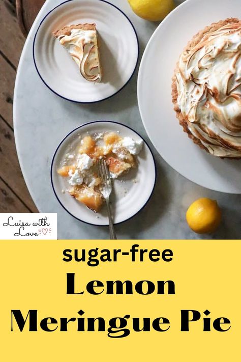 This is my go to recipe for when I fancy lemon meringue pie. It's sugar free, but you would never know. With a short crust pastry base, lemon curd filling and delicious meringue topping, this sugar free lemon meringue pie is pure indulgence. #sugarfree #sugarfreerecipes #sugarfreedesserts #lemonmeringuepie #lowfat Lemon Marange Pie, Sugar Free Lemon Meringue Pie, Gf Lemon Meringue Pie Recipe, Keto Lemon Meringue Cookies, Sugar Free Meringue, Gluten Free Lemon Meringue Pie Recipe, Lemon Meringue Recipe, Pie Lemon Meringue, Short Crust Pastry