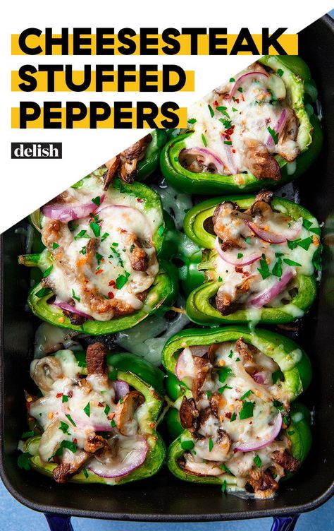 Cheesesteak Stuffed Peppers = The Low-Carb Way To Eat Your Favorite SandwichDelish Lower Carb Meals, Cheesesteak Stuffed Peppers, Low Carb Meal, Green Peppers, Diet Vegetarian, Peppers Recipes, Beef Dinner, Bell Peppers, Main Meals