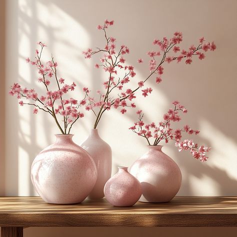 Infuse your home with the delicate beauty of spring using cherry blossom decor. Soft pink hues, traditional Asian vases, and minimalist furniture create a fresh and harmonious atmosphere perfect for the season. #CherryBlossomDecor #SpringDecor #AsianInspired #HomeElegance Cherry Blossom Office, Cherry Blossom Salon Decor, Japanese Cherry Blossom Room Decor, Cherry Blossom Bathroom Decor Ideas, Cherry Blossom House Decor, Cherry Blossom In Vase, Sakura Decoration, Sakura Decor, Cherry Blossom Wedding Centerpieces