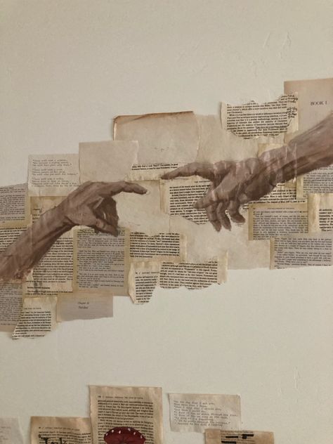 A hand painted version of the Sistine Chapel on a collage of book pages. Dark Academia Christian Aesthetic, Religion Aesthetic Dark, Christian Dark Academia, Theology Aesthetic, Dark Academia Collage, Creation Aesthetic, Academia Painting, Dark Academia Painting, How Met Your Mother