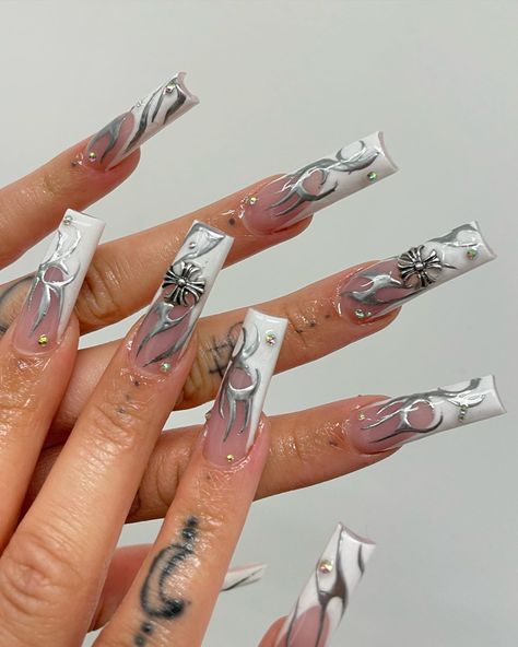 Nails Acrylic Coffin Y2k, Partynextdoor Nails, White Y2k Nails, Cyberpunk Nails, Cross Nails, White Y2k, Punk Nails, Silver Nail, Drip Nails