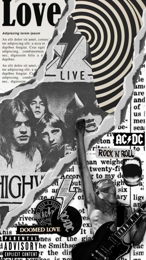 Rock Music Color Palette, Rock N Roll Collage, Indie Rock Aesthetic Wallpaper, Rockstar Collage, Rock N Roll Aesthetic Wallpaper, Rock Magazine Cover, Alternative Rock Aesthetic, Acdc Aesthetic, 90s Rock Aesthetic