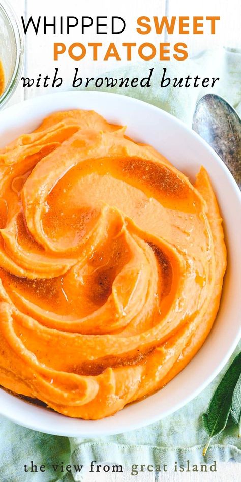 Whipped Sweet Potatoes with Browned Butter is a bowl of sunshine for your winter table. This creamy mash is easy, comforting, and delicious!rn#sweetpotatoes #mashed #easy #sidedish #Thanksgiving #christmas #rootvegetable #mashedpotatoes #healthy #brownedbutter Yule Food, Whipped Sweet Potatoes, Easy Veggie Side Dish, Side Dishes For Fish, Sweet Potato Recipes Mashed, Sweet Potato Thanksgiving, The View From Great Island, Whipped Potatoes, Cooking Decorating