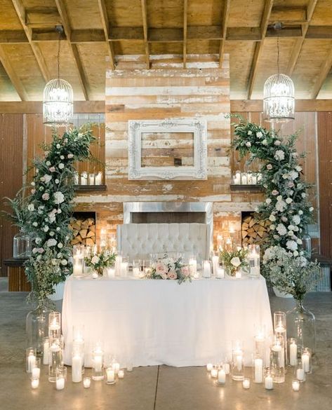 Couple Wedding Table Decor, Romantic Head Table Wedding, Simple Sweetheart Table Candles, Candles At Sweetheart Table, Mr And Mrs Table Candles, Candlelit Reception Tables, Sweetheart Table With Candles On Floor, Circular Sweetheart Table, Sweetheart Table Ideas Romantic