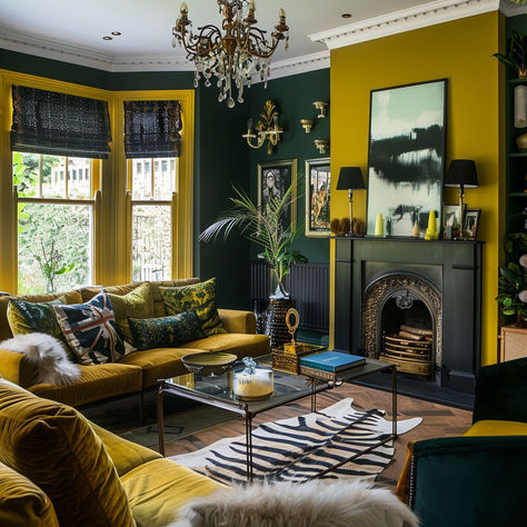 Burnt Yellow Aesthetic, Yellow Living Room Walls, Gothic Living Room, Mustard Yellow Walls, Yellow Couch, Dining Room Wainscoting, Dopamine Decor, Yellow Room, Yellow Home Decor