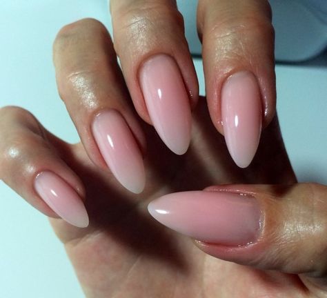 smooth-and-glossy-long-and-pointy-pink-nude-nails-with-a-slight-white-ombre-effect-on-the-tips-worn-by-a-hand-with-folded-fingers Light Pink Nails Almond Shape, Light Pink Stiletto Nails, Acrylic Summer Nails Almond, Pink Almond Shaped Nails, Light Pink Almond Nails, Almond Nails Natural, Natural Pink Nails, Natural Stiletto Nails, 2014 Nails