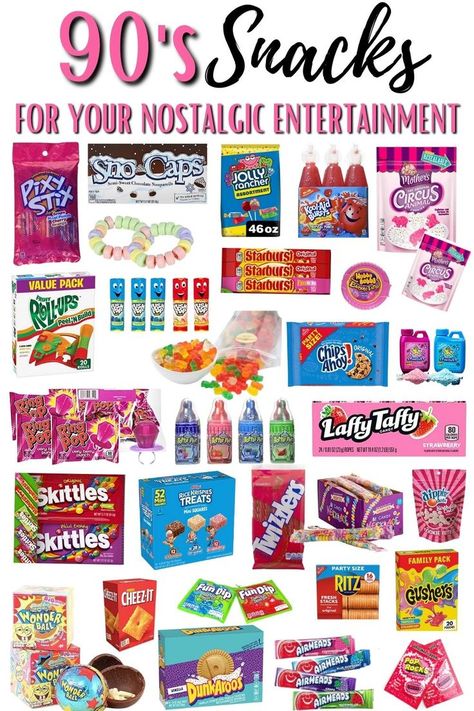 90'S SNACKS Back To The 90s Theme Party, 90s Birthday Party Theme Aesthetic, 90s Party Food Table, 90s Themed Bday Party, 90s Movie Party, 90s Birthday Party Aesthetic, 90s Snack Board, 90s Theme Brunch, Popular 90s Things