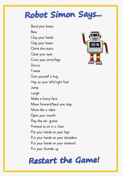 Robot Simon Says: Keep Moving! Simon Says Game Ideas, Simon Says For Preschoolers, Smart Moves Activities For Kids, Robotics Activities For Kids, Robot Games For Preschool, Robot Books For Preschool, Simon Says Game, Robots Preschool, Gross Motor Activities