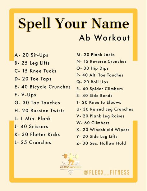 Spell Your Name Ab Workout, Name Challenge Workout, Spell Your Name Workout For Beginners, Spell Ur Name Workout, Your Name Your Workout, Gym Username Ideas, Kpop Ab Workout, Fitness Username Ideas, Your Name Core