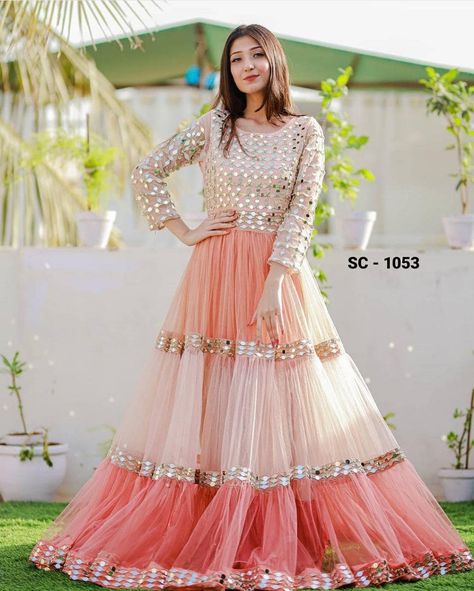 Mirror Work Gown Design, Mirror Work Gown, Layered Suit, One Piece Dress Design, Monsoon Fashion, Flair Gown, Gotapatti Work, Layered Gown, Net Gowns