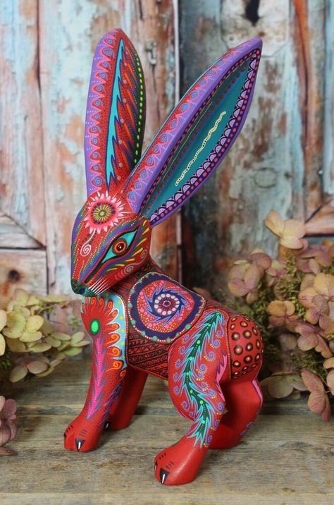 Rabbit Alebrije, Mexican Illustration, Oaxacan Animals, Rabbit Painting, Mexico Art, Shabby Chic Crafts, Mexican Decor, Indian Folk Art, Arts Ed