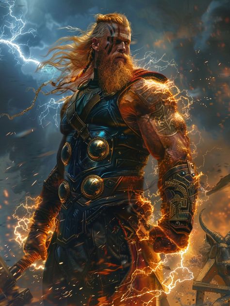 The name "Thursday" originates from Old English "Þūnresdæg", or "Þunor's day". Þunor, known in Old Norse as Thor (modern English), was the Norse god of thunder and strength. He wielded a mighty hammer and was the protector of gods and humans against the forces of evil. #norsegods #thursday #thor Thor God Of Thunder Norse Mythology, Norse Fantasy Art, Thor Norse Mythology, Marvel Horror, Norse Thor, Pagan Aesthetic, Zeus God, Thor God, Norse Legend