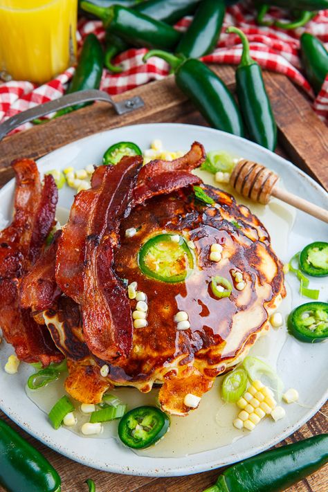 Jalapeno and Cheddar Corn Pancakes with Bacon (aka Jalapeno Popper Pancakes) Pancakes With Bacon, Crepes Pancakes, Cheddar Corn, Corn Pancakes, Closet Cooking, Savory Crepes, Jalapeno Popper, Truck Ideas, Cajun Recipes