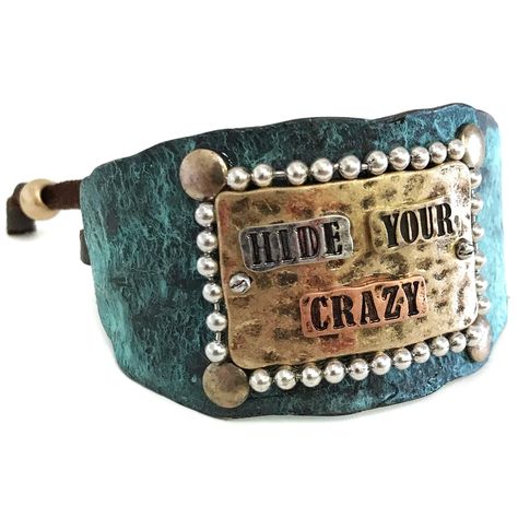 PRICES MAY VARY. Rustic Vintage Hammered Cuff Bracelet "Hide Your Crazy" Design Adjustable Leather Strap Beautiful Western Cowgirl Style Charming and Dashing Western Tritone Hammered "Hide Your Crazy" Leather Cuff Bracelet with Adjustable Shamballa Style Strap Denim Cuff Bracelet, Crafts Bracelets, Denim Upcycle, Western Fashion Jewelry, Western Cowgirl Style, Jeans Crafts, Hammered Cuff Bracelet, Crazy Design, Hammered Bracelet