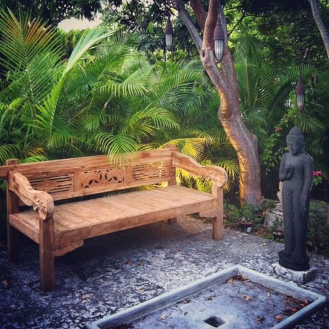 Colonial Tropical Decor, Nadeau Furniture, Indonesian Furniture, Bali Garden, Asian Interior Design, Rustic Sofa, Boho Patio, Teak Bench, Outside Furniture