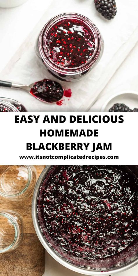 You will love this classic recipe for Blackberry Jam, made with ripe, aromatic berries at the height of their season. This is the ultimate way to preserve blackberries so that they can be enjoyed throughout the coming months. All you need are three ingredients to make this delicious jam: blackberries, sugar and lemon juice – no pectin is required. Recipe For Blackberry Jam, Preserve Blackberries, Blackberry Preserves Recipe, Blackberry Jam No Pectin, Blackberry Desserts, Blackberry Jelly Recipe, Blackberry Freezer Jam, Preserve Recipes, Blackberry Jam Recipe